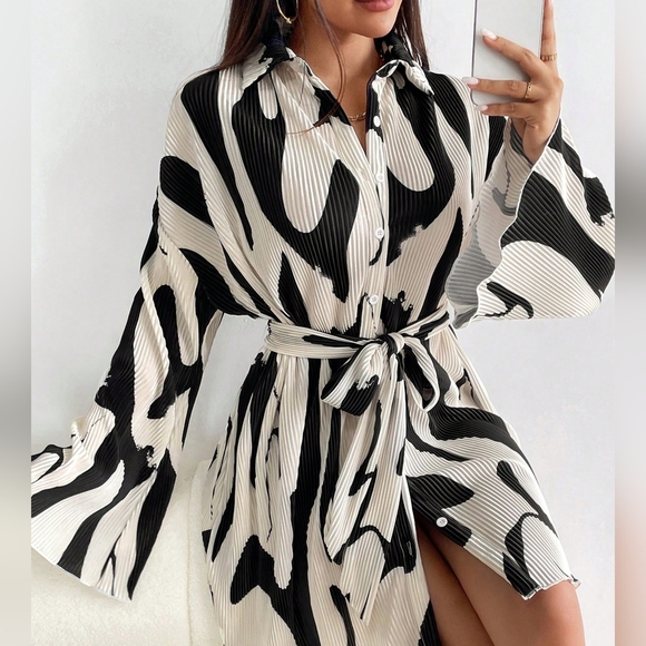 Allover Print Belted Shirt Dress - Picture 3 of 5